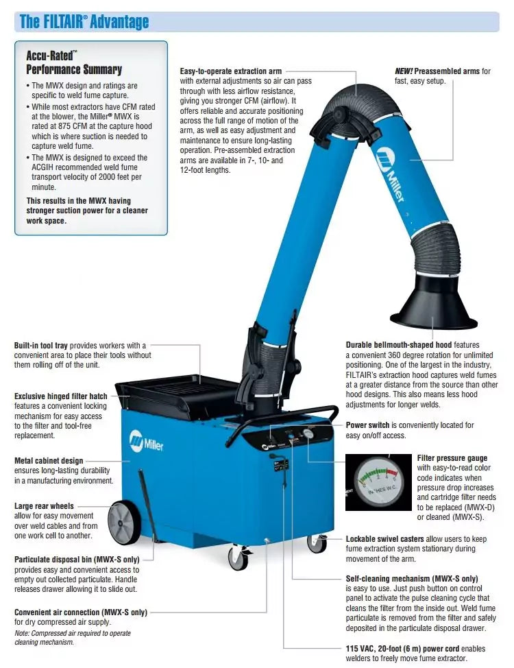 MILLER FILTAIR MWXD FUME EXTRACTOR W/7FT EXTRACTION ARM