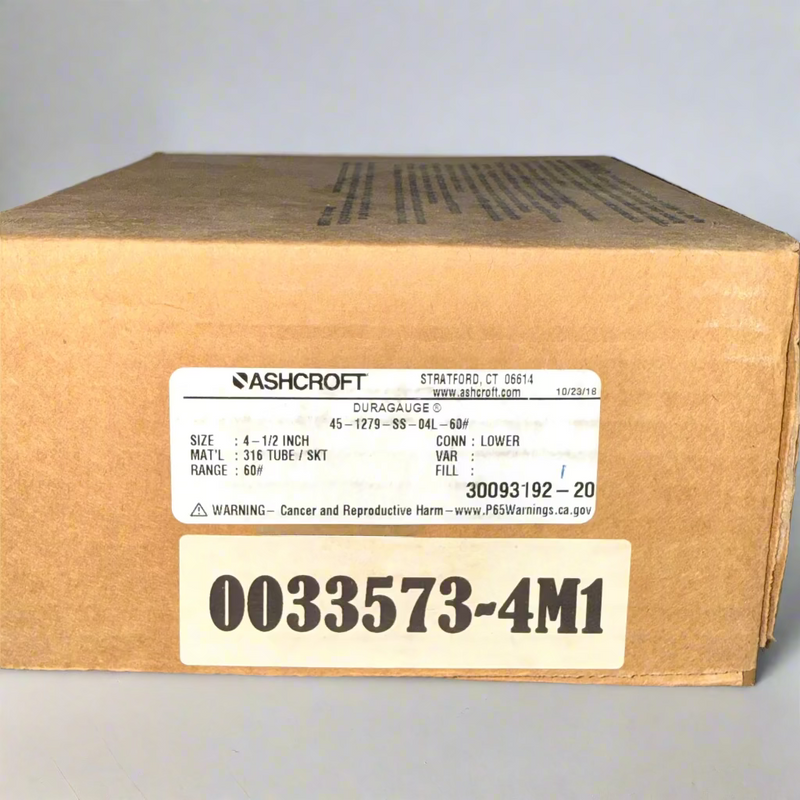 Cardboard box with Ashcroft Duragauge label and product details