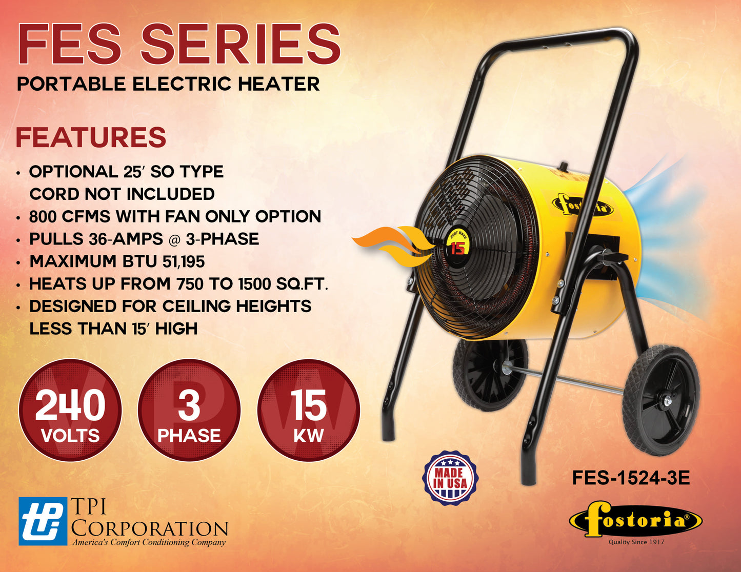 Fostoria FES-1524-3E Portable Salamander Electric Heater - Reconditioned