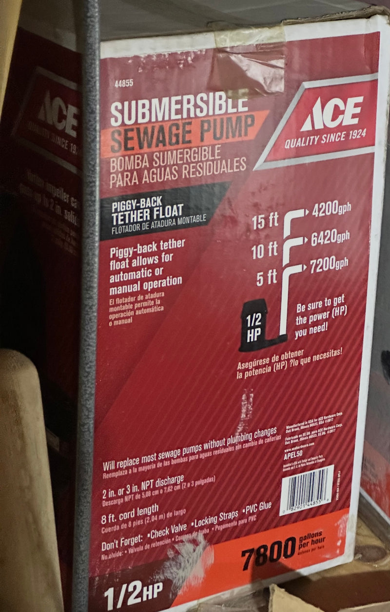 ACE 44855 1/2 HP Submersible Sewage Ejector Pump - New Surplus