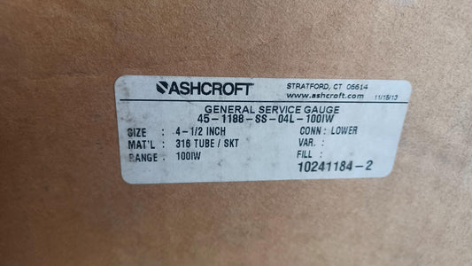 Ashcroft 45-1188-SS-04L-100IW Bellows Gauge - New Surplus
