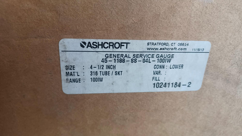 Ashcroft 45-1188-SS-04L-100IW Gauge-New Surplus