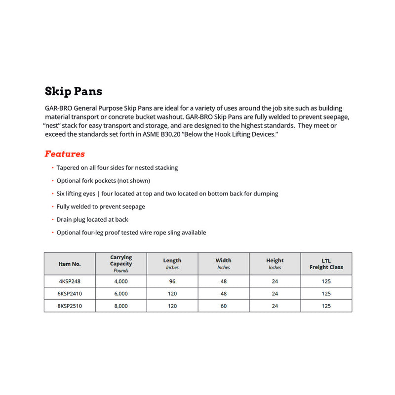 Gar-bro 6KSP2410 Skip Pan with 6000lb Capacity- Reconditioned w/ New Load Test Certification
