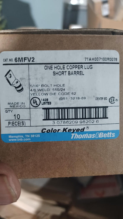Thomas and Betts 6MFV2 One-Hole Lug Compression Connector: 4/0 Cable Size Box of 10 New Surplus