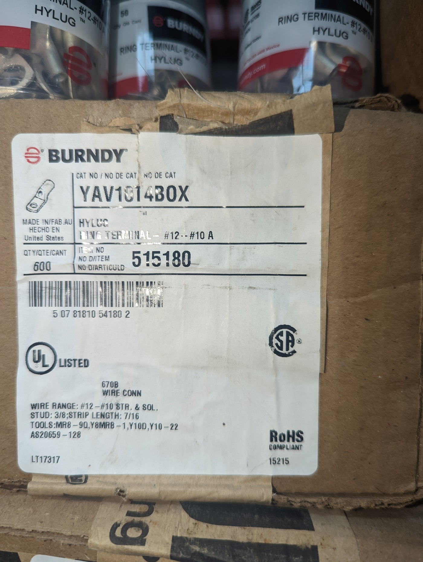 Burndy YAV10T4BOX Copper Compression Lug, Box of 50 -  New Surplus