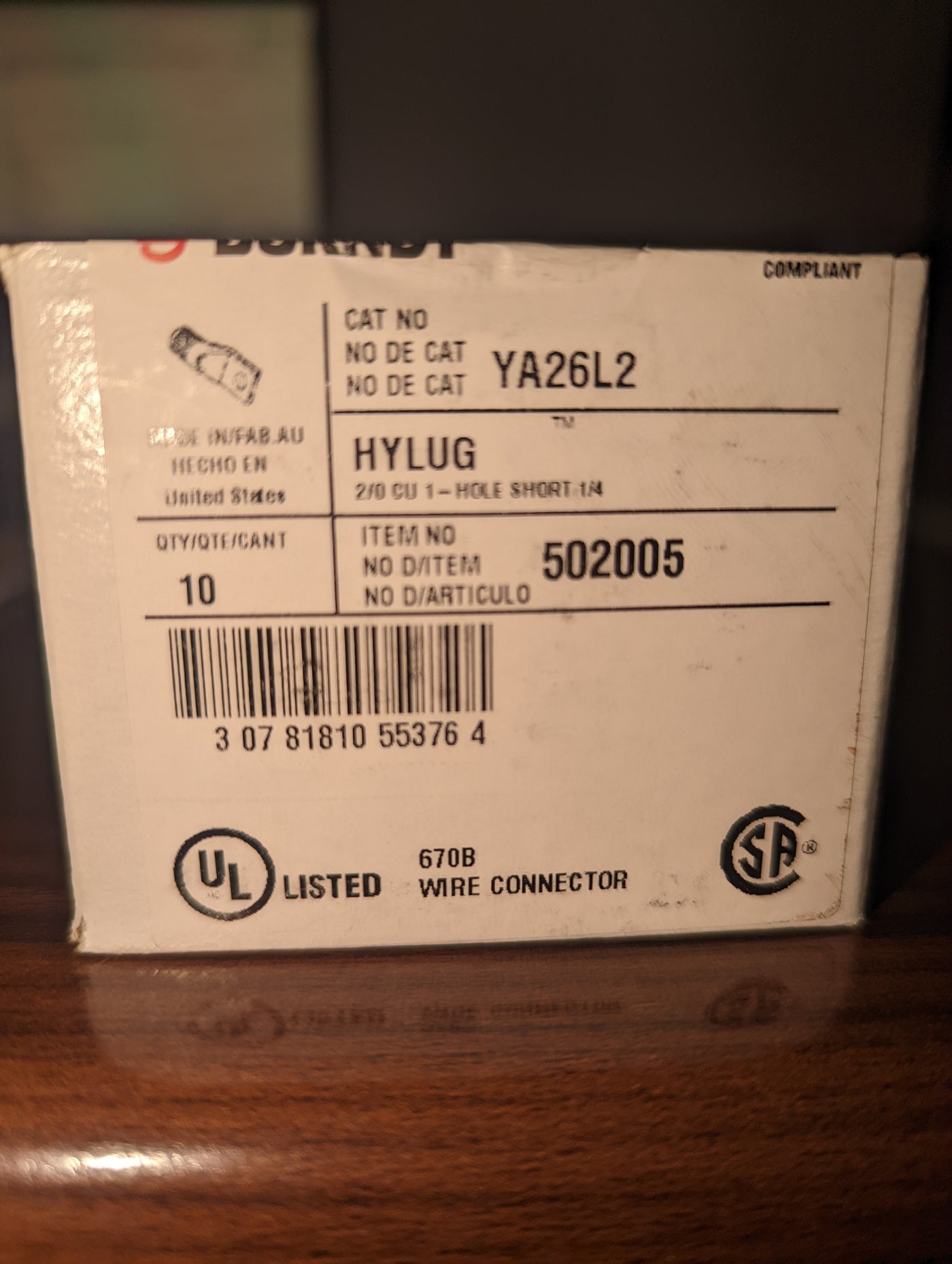 Burndy YA26L2 Copper Compression Lug