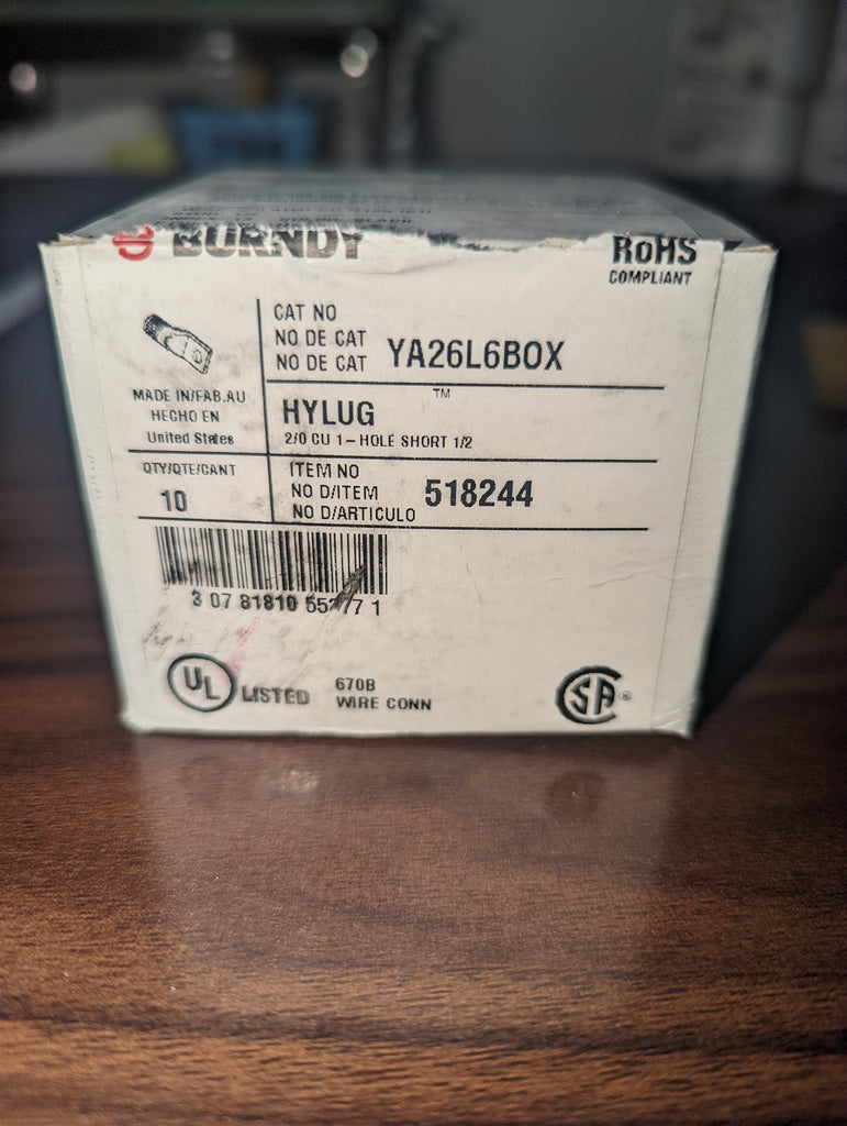 Burndy YA26L6BOX 518244 Copper Compression Lug, 1 Hole, 2/0 AWG , 10 PER BOX-New Surplus