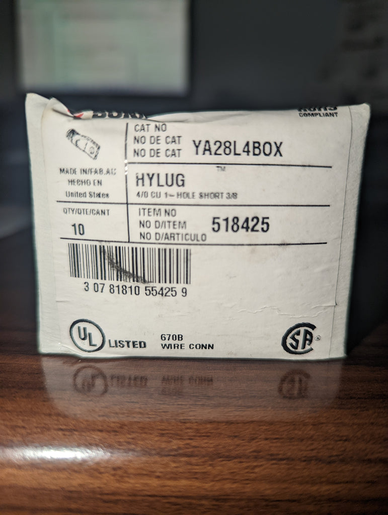 BURNDY YA28L4BOX 4/0AWG 1-HOLE LUG, 10 PER BOX-NEW SURPLUS