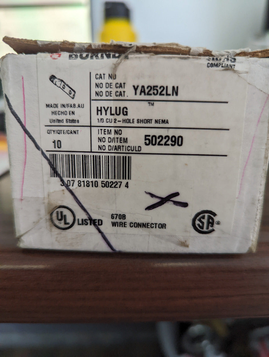 Burndy YA252LN Copper Compression Lug, 10 Per Box - New Surplus