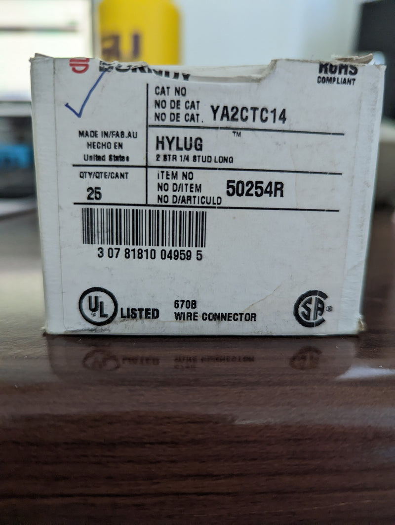 Burndy YA2CTC14 Copper Compression Lug, 25 Per Box - New Surplus